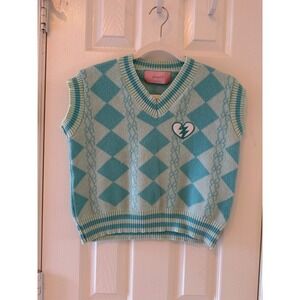 Greenwich V Argyle Sweater Vest Cropped Y2K Preppy Knit Heart Patch